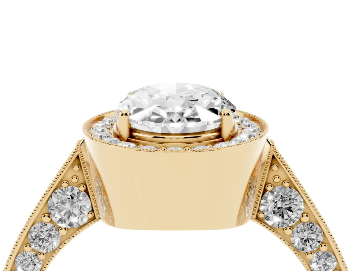 Oval Cut Halo Diamond Engagement Ring with Split Shank Band and Four-Prong Setting Yellow gold