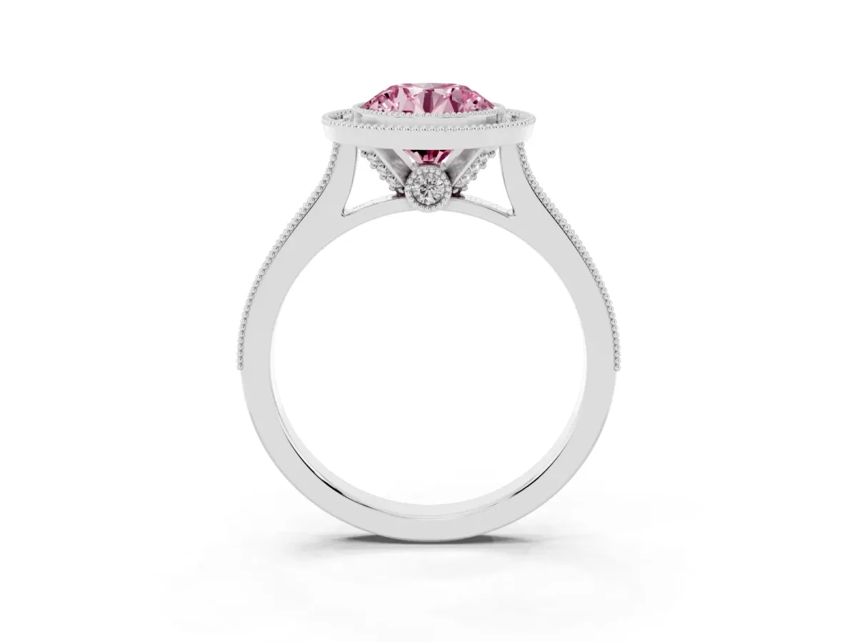 Fancy Pink Halo Round Cut-Cut Diamond Pave Band Milgrain Prong Setting Ring Platinum