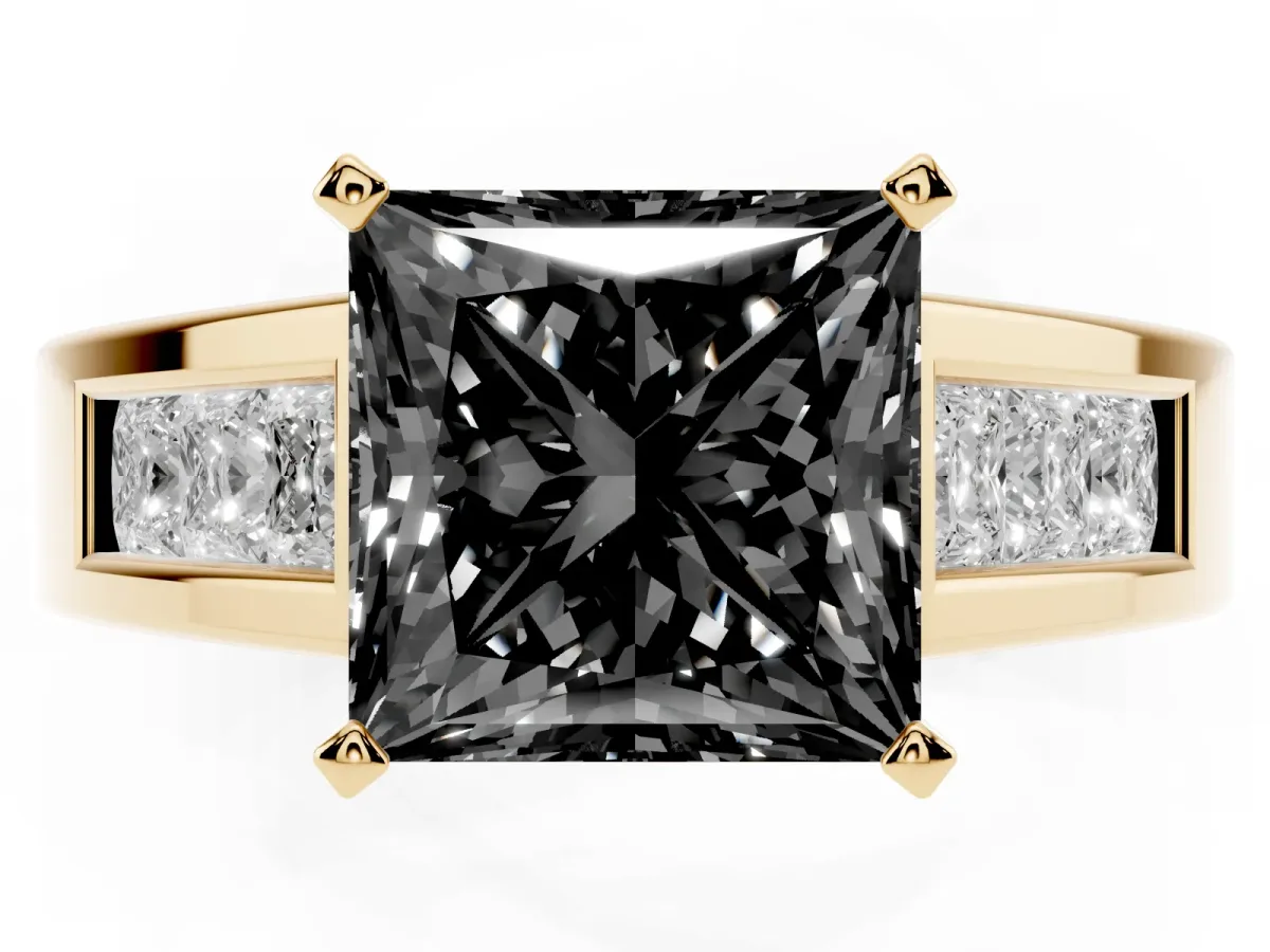 Fancy Black Princess Cut Cut Channel Set Solitaire Ring with Four-Prong Setting Yellow gold