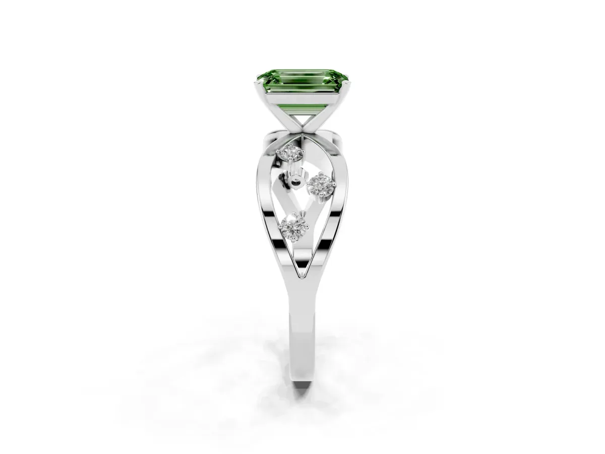Fancy Green Emerald Cut Cut Solitaire Diamond with Side Stones on Criss-Cross Band and Four-Prong Setting Platinum