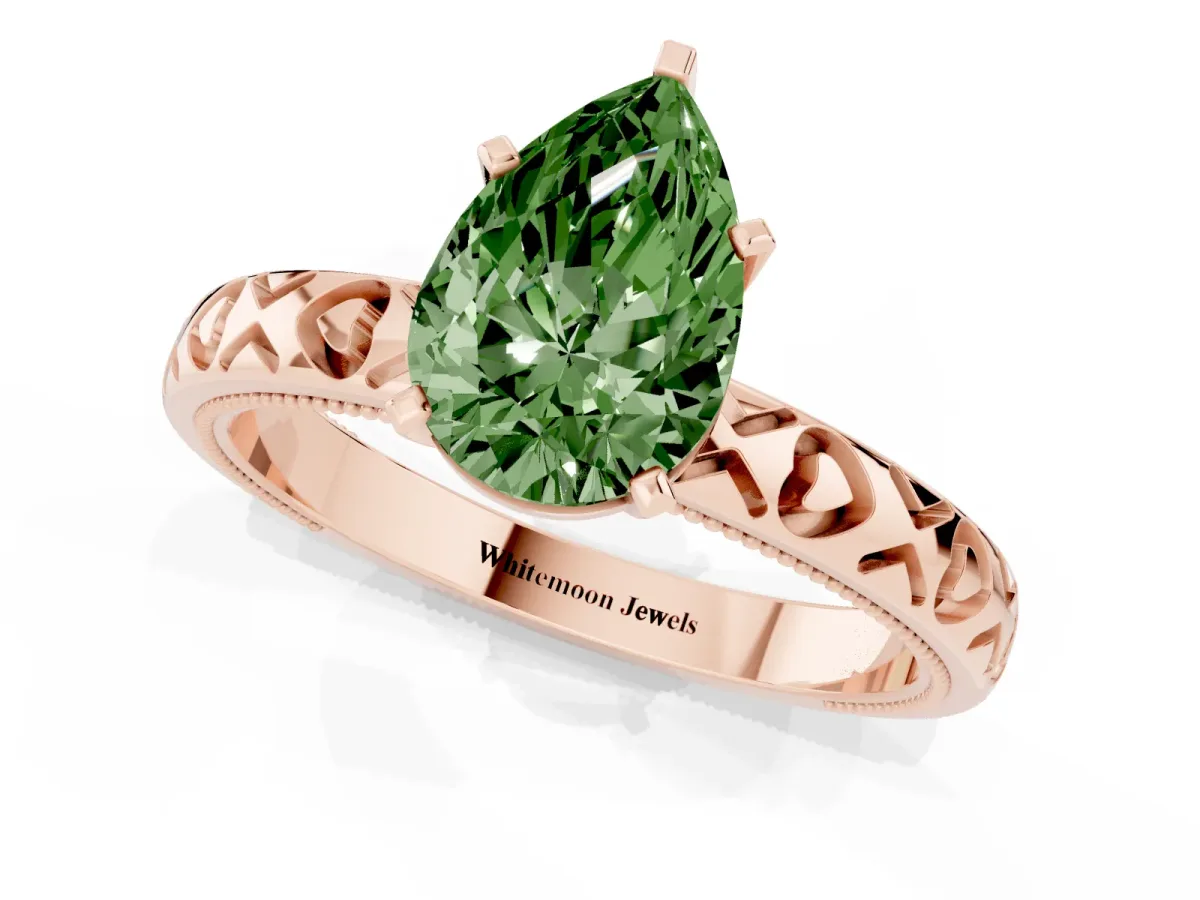 Fancy Green Pear Cut Solitaire Diamond Engagement Ring with XO Engraved Band and Four-Prong Setting Rose gold