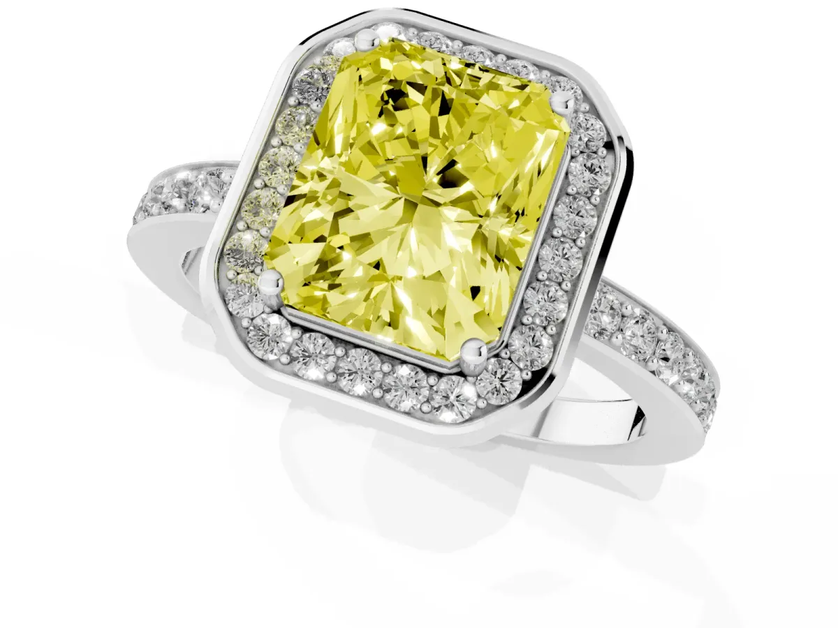 Fancy Yellow Radiant Cut Diamond Halo Ring with Bezel Frame and Pavé Band Silver