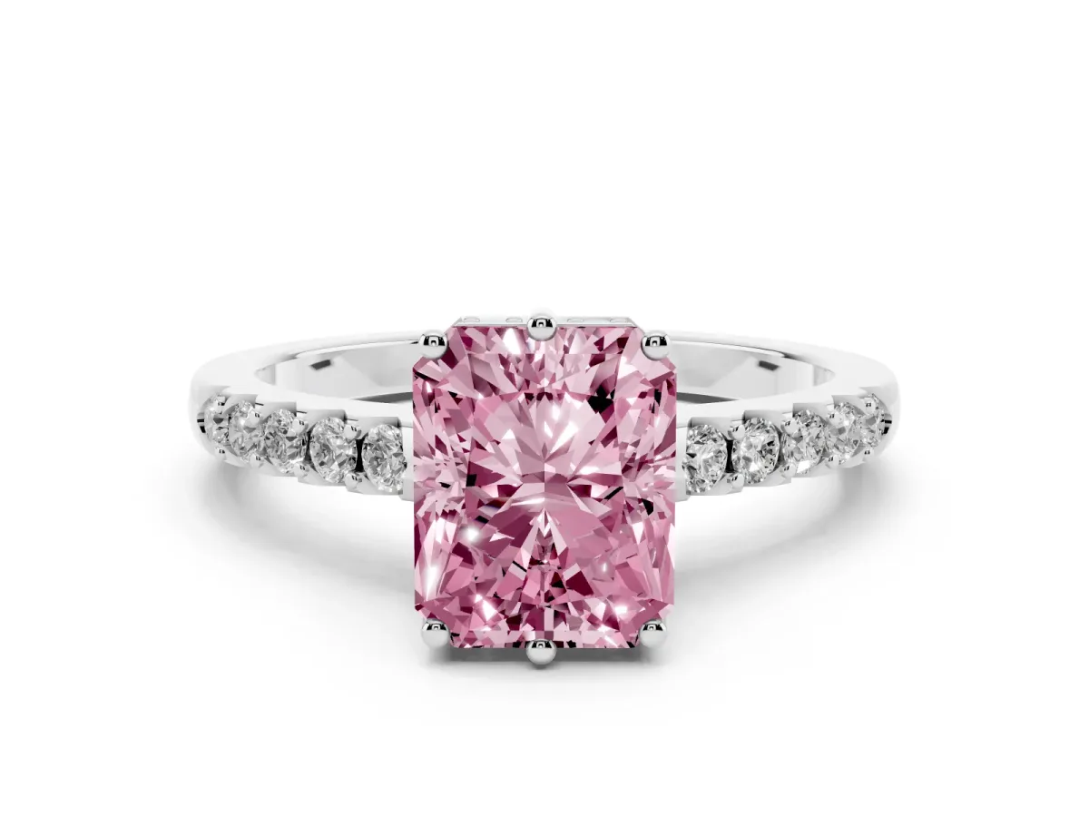 Fancy Pink Radiant Cut Solitaire Diamond Engagement Ring with Pavé Band and Six-Prong Setting Silver