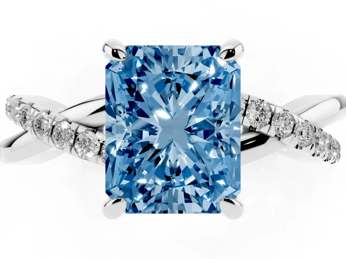 Fancy Blue Radiant Cut Cut Diamond Twist Band Solitaire with Prong Setting Silver