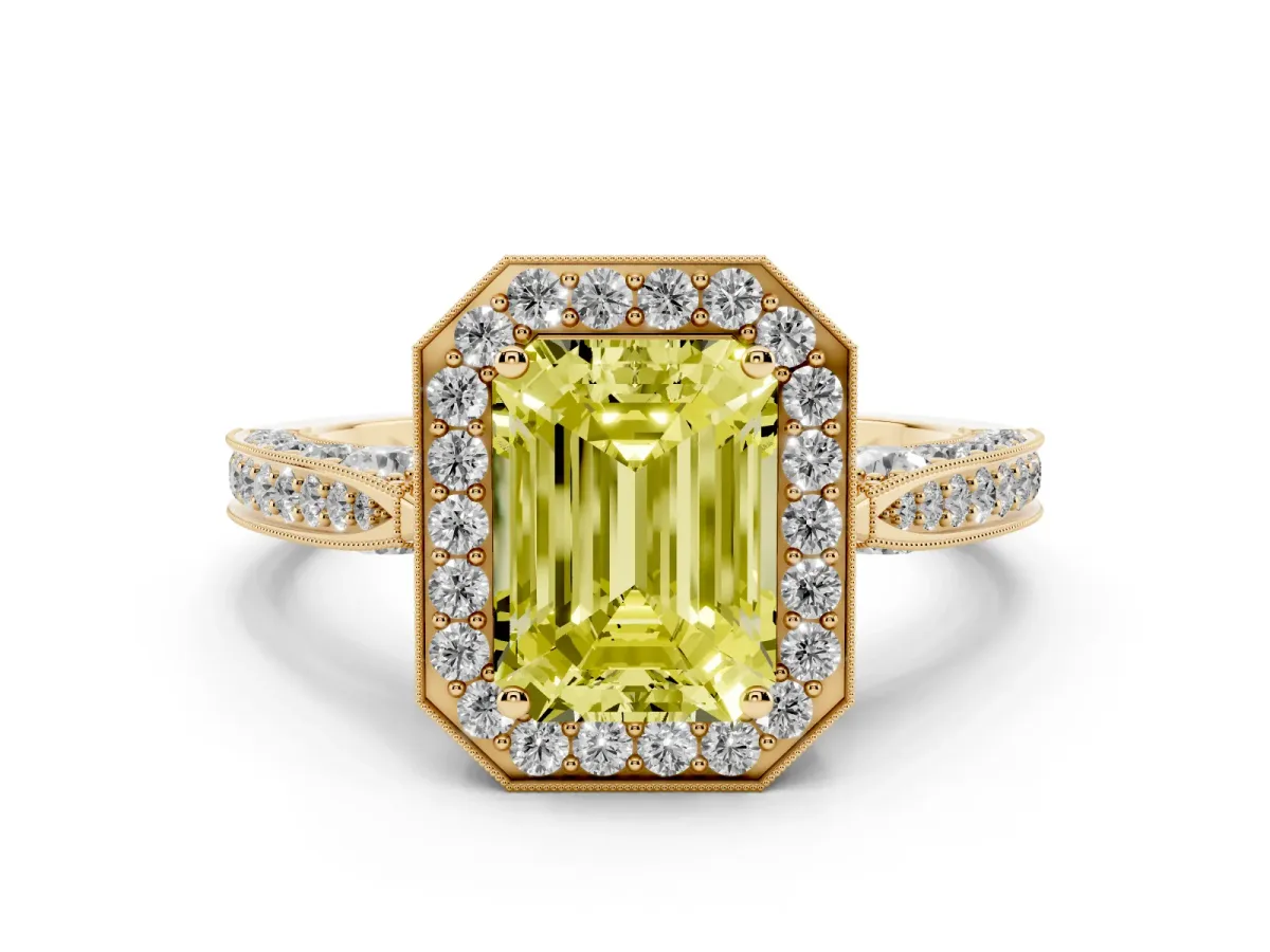 Fancy Yellow Emerald Cut Halo Diamond Engagement Ring with Split Shank Band and Four-Prong Setting Yellow gold