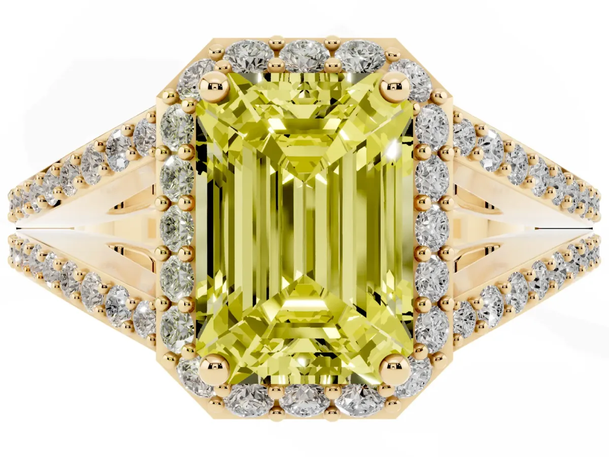 Fancy Yellow Emerald Cut Halo Split Shank Diamond Ring with Prong Setting Yellow gold