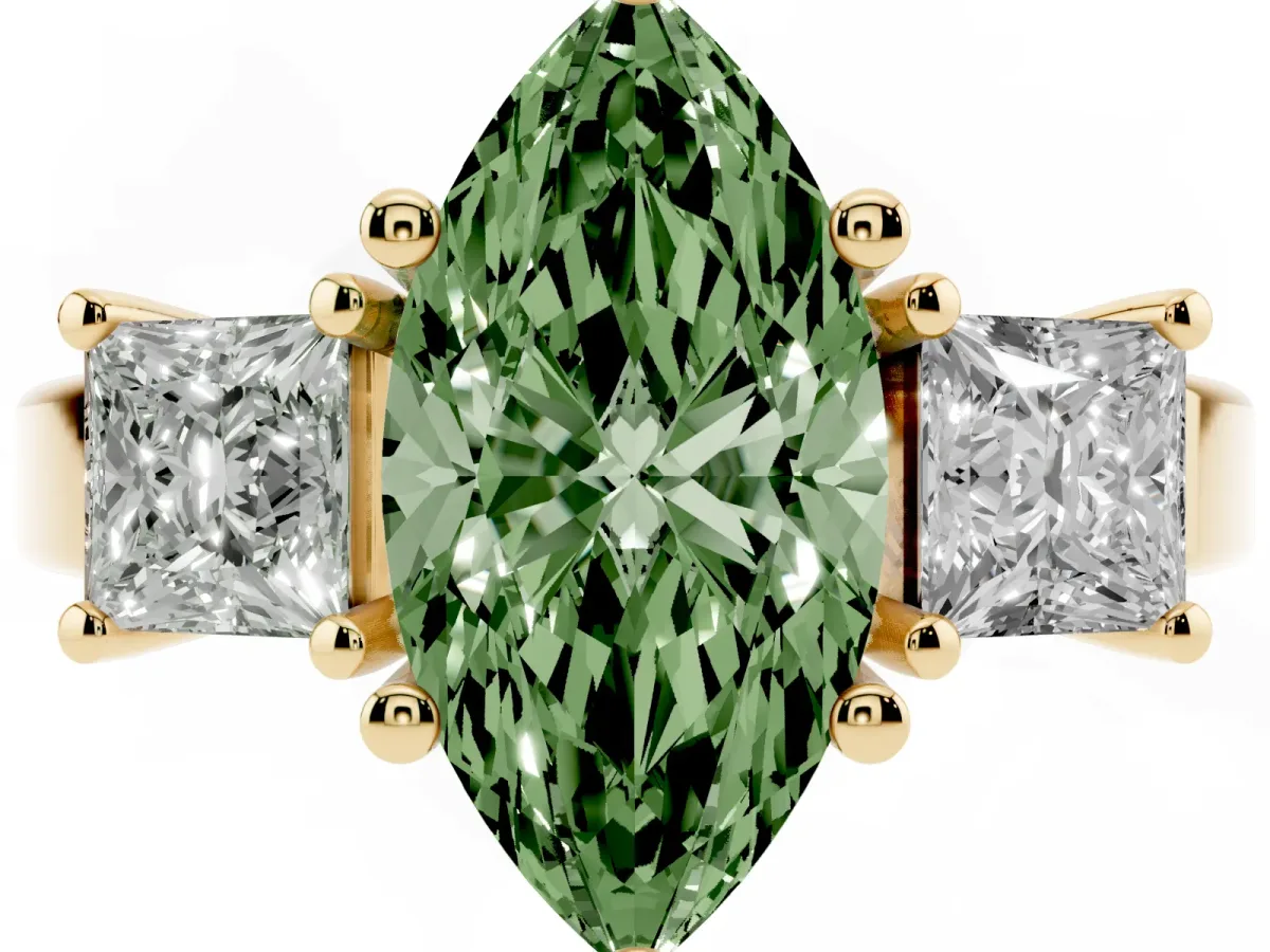 Fancy Green Three-Stone Marquise Cut Cut Solitaire Ring with Prong Setting Yellow gold
