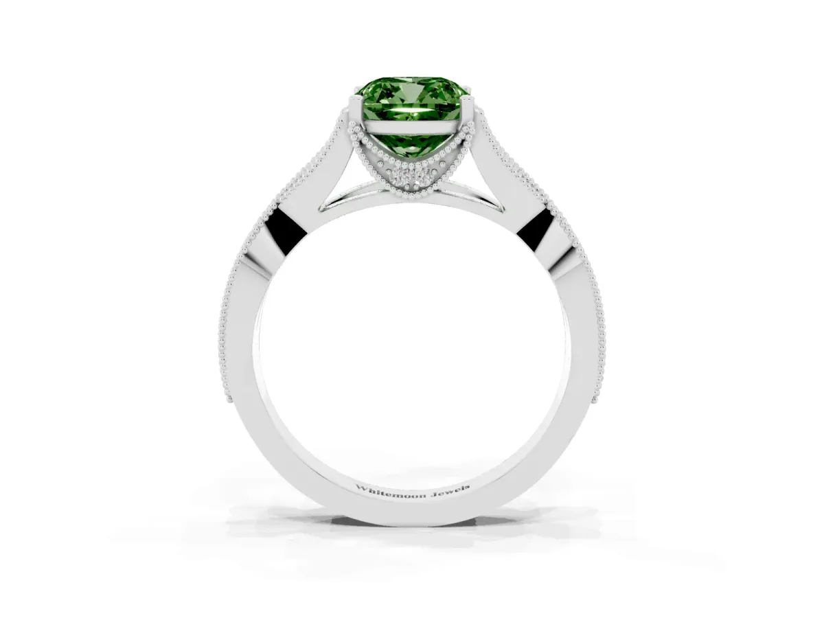 Fancy Green Cushion Cut Cut Diamond Twisted Band with Milgrain Pave Setting and Four-Prong Setting Platinum