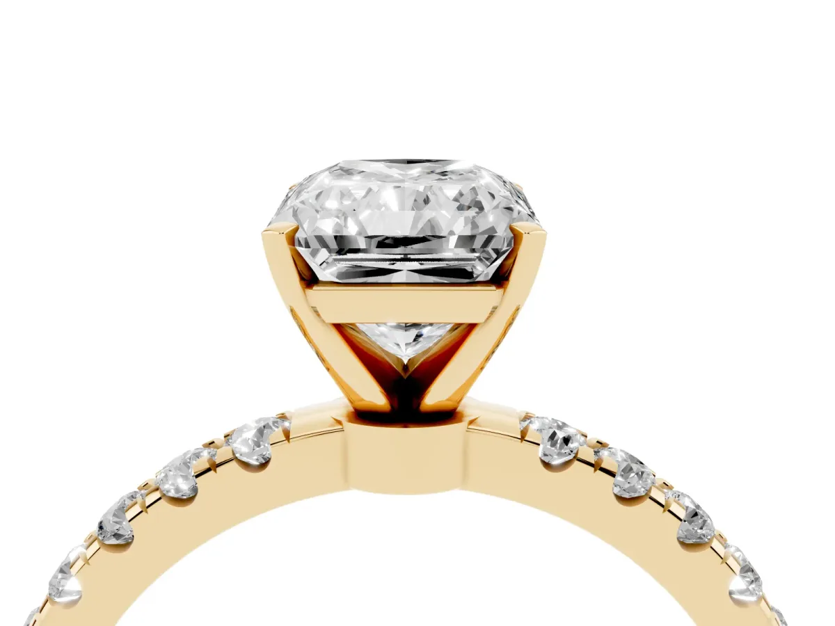 Radiant Cut Diamond Solitaire Ring with Pavé Accents and Four-Prong Setting Yellow gold