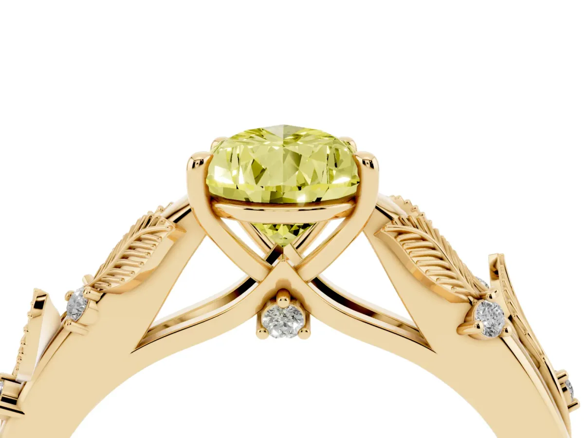 Fancy Yellow Pear Cut Diamond Solitaire Ring with Leaf Motif Band and Four-Prong Setting Yellow gold