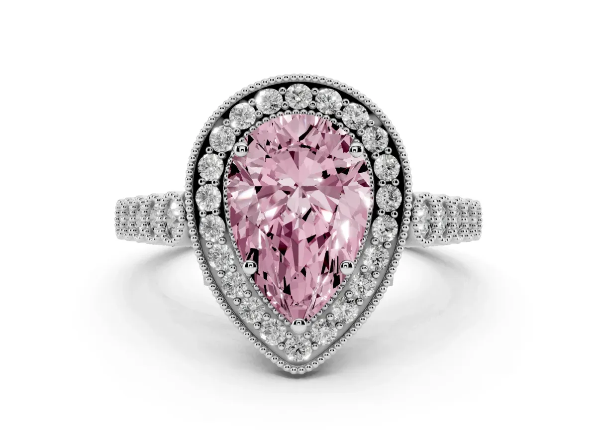 Fancy Pink Pear Cut Halo Milgrain Solitaire with Bezel Set Side Stones and Pave Band White gold
