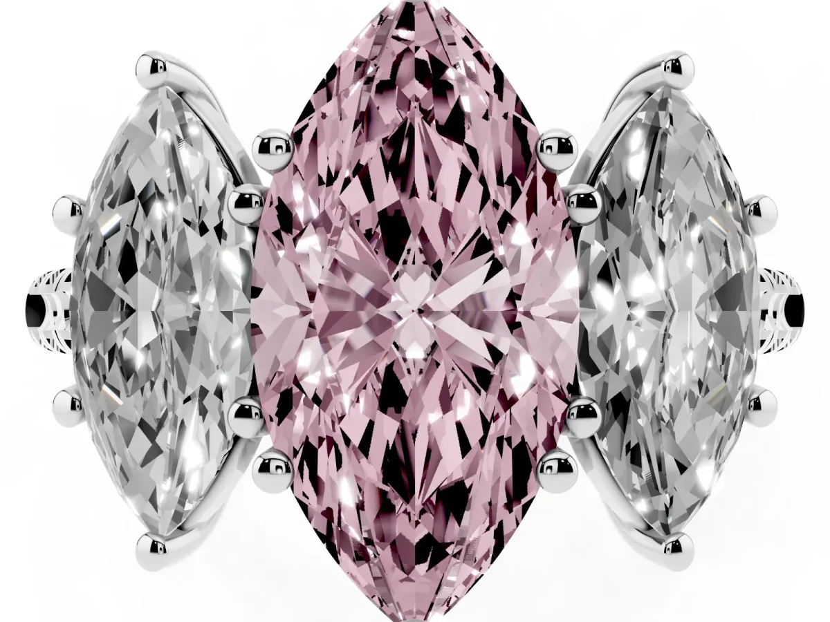Fancy Pink Three-Stone Marquise Cut Diamond Ring with Round Pavé Band and Prong Setting Silver