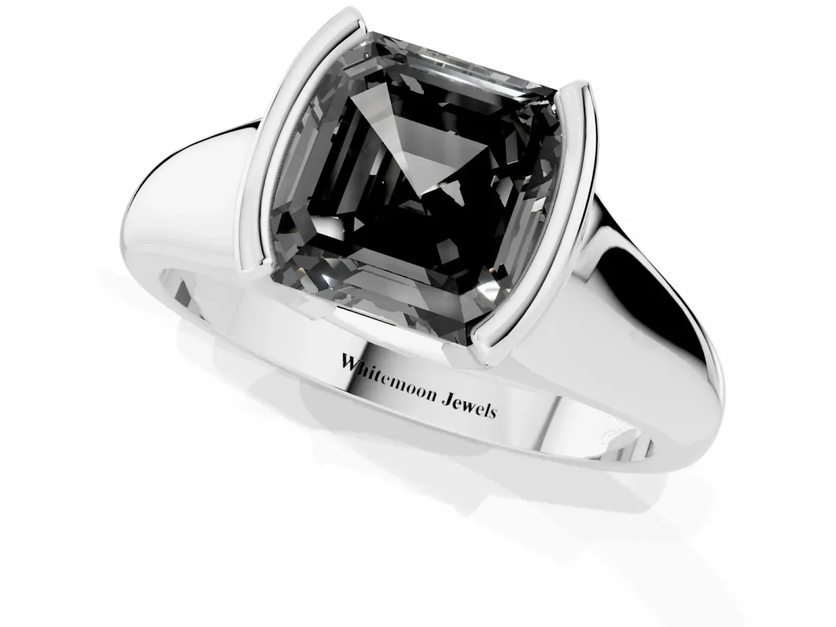 Fancy Black Asscher Cut Solitaire Tension Set Diamond Ring with Split Shank Band White gold