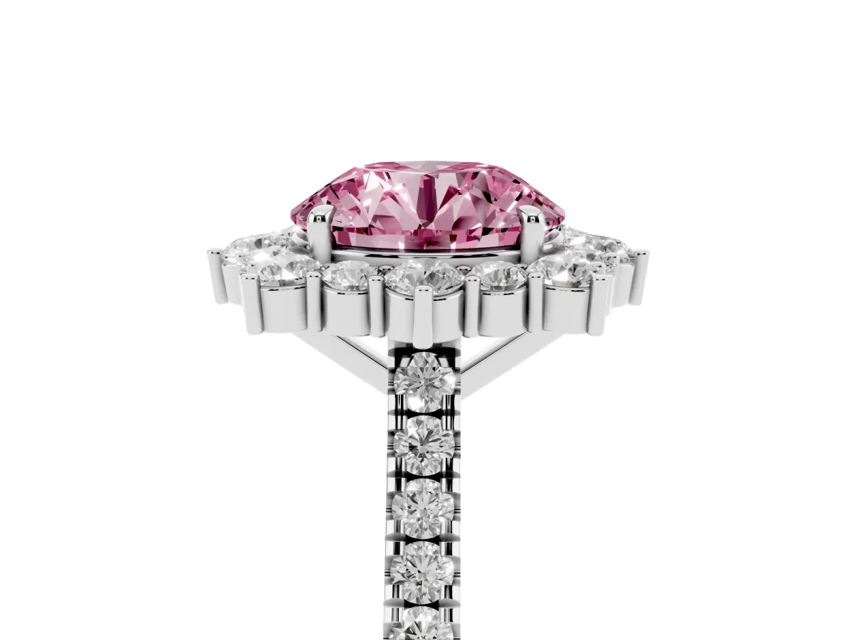 Fancy Pink Round Cut Halo Diamond Ring with Pavé Band and Prong Setting Silver