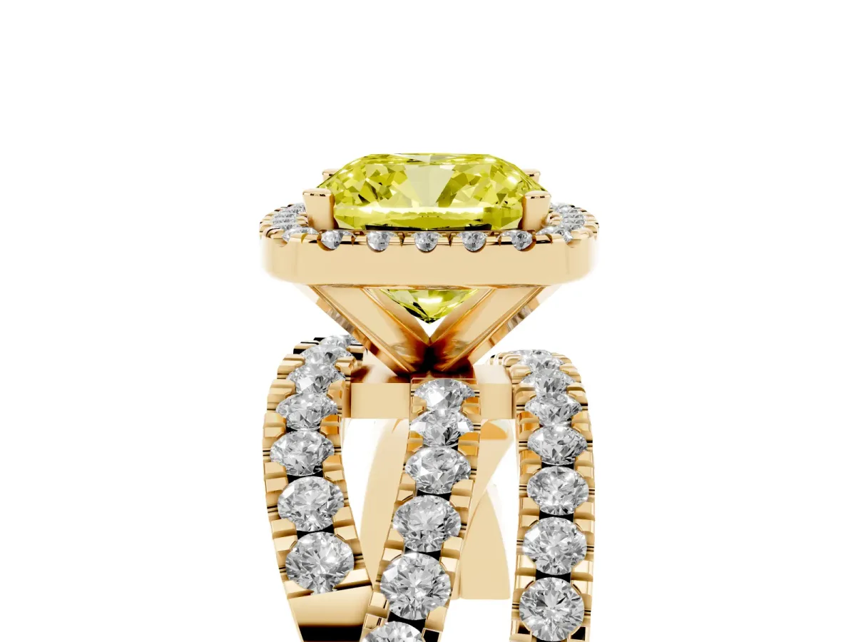 Fancy Yellow Cushion Cut Diamond Halo Ring with Round Split Shank and Prong Setting Yellow gold