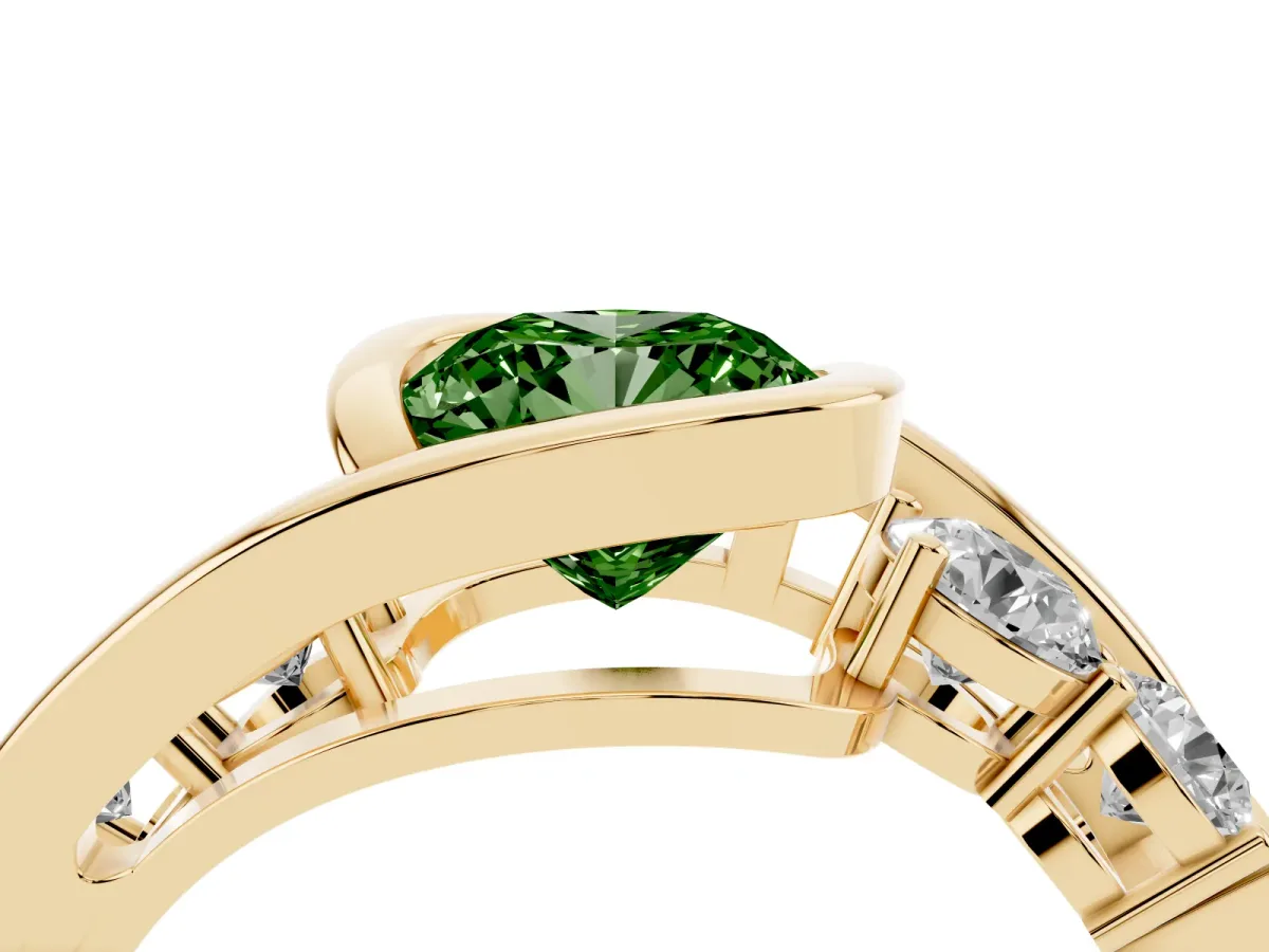 Fancy Green Bezel Set Cushion Cut Diamond Bypass Ring with Round Accents Yellow gold