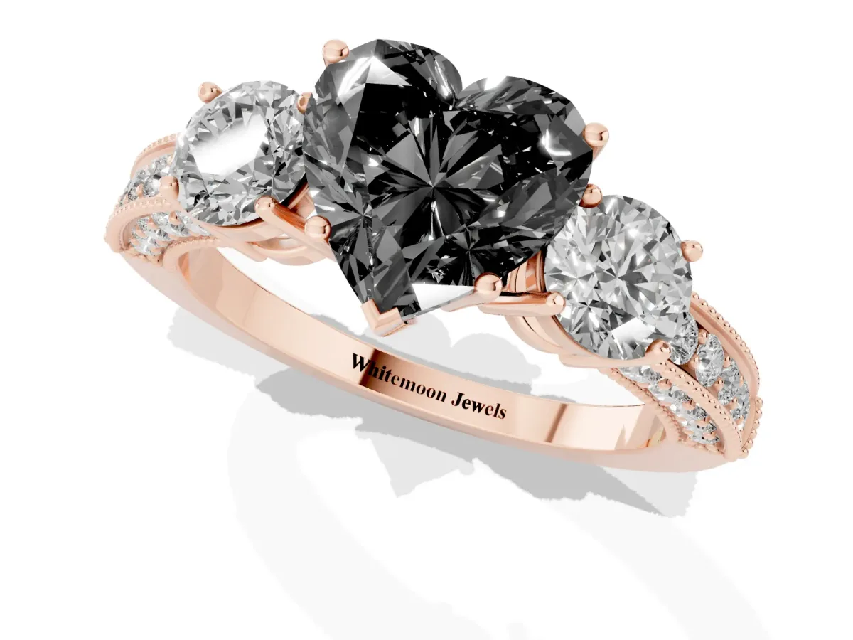 Fancy Black Heart Cut Three-Stone Diamond Ring with Pavé Band and Four-Prong Setting Rose gold