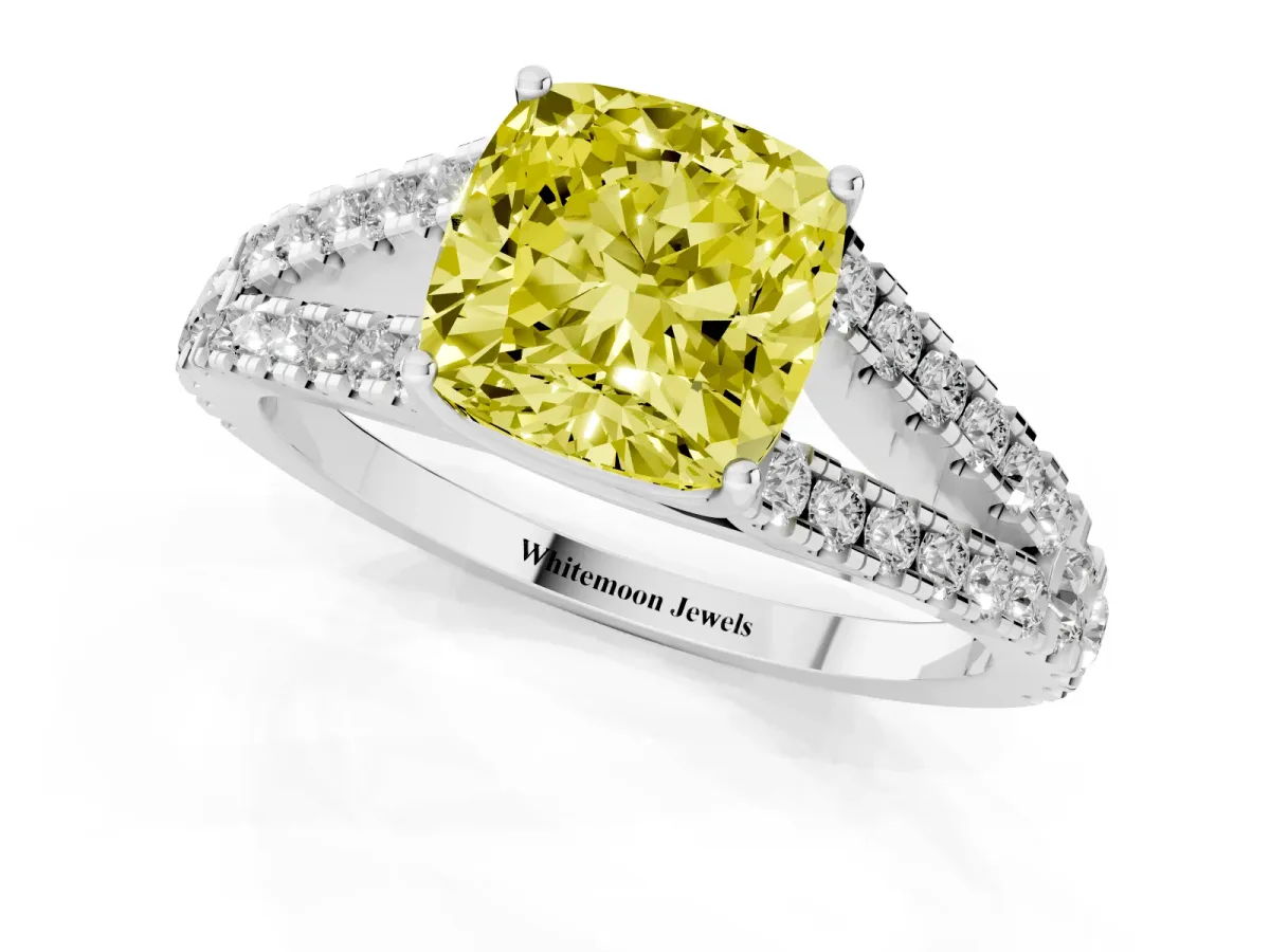 Fancy Yellow Cushion Cut Diamond Split Shank Pavé Engagement Ring with Four-Prong Setting Platinum