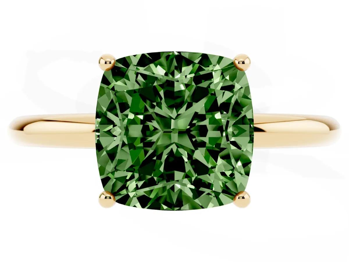 Fancy Green Cushion Cut Solitaire Diamond Ring with a Classic Band and Four-Prong Setting Yellow gold
