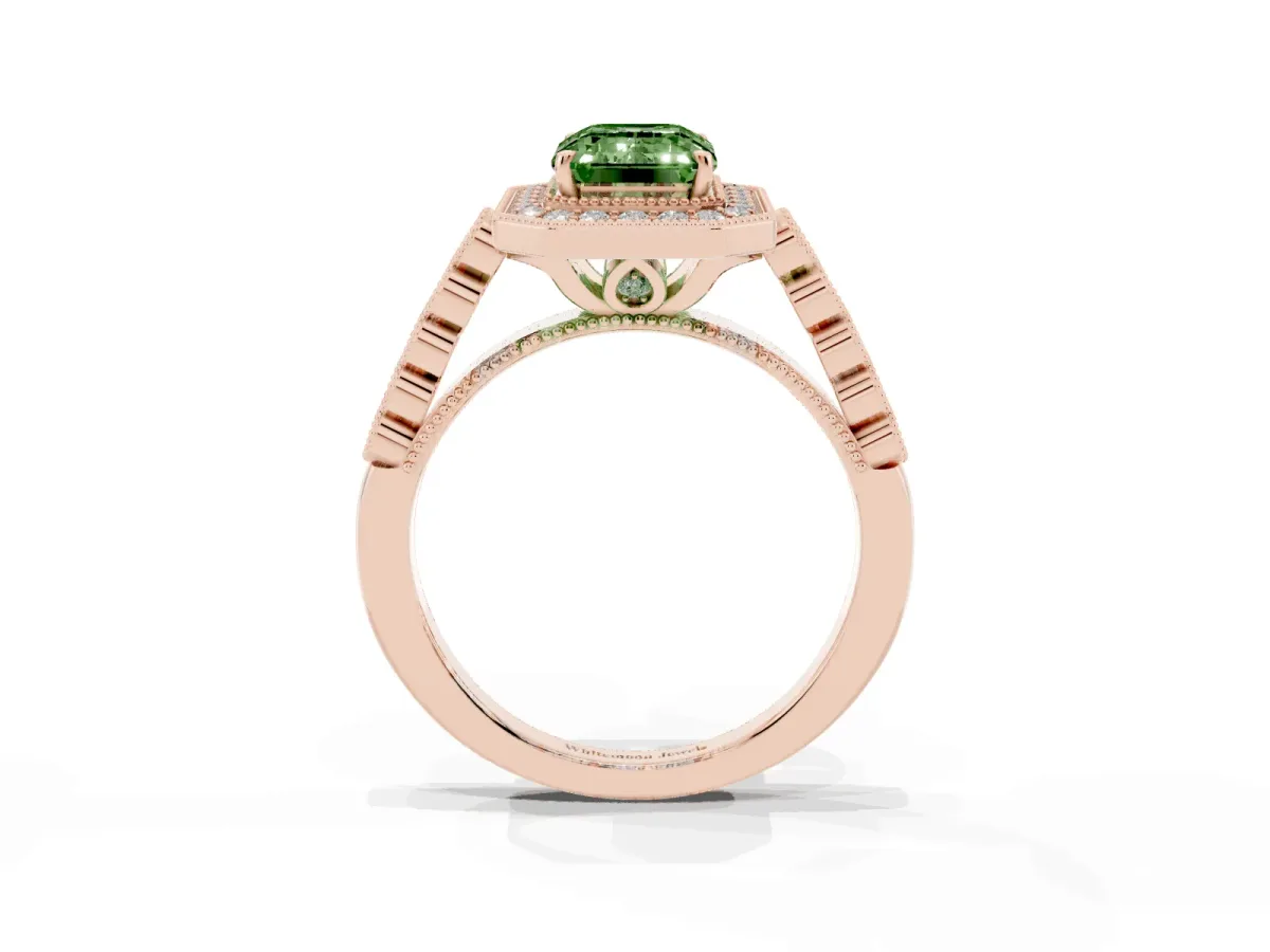 Fancy Green Emerald Cut Halo Milgrain Solitaire with Bezel Set Side Stones and Pave Band Rose gold