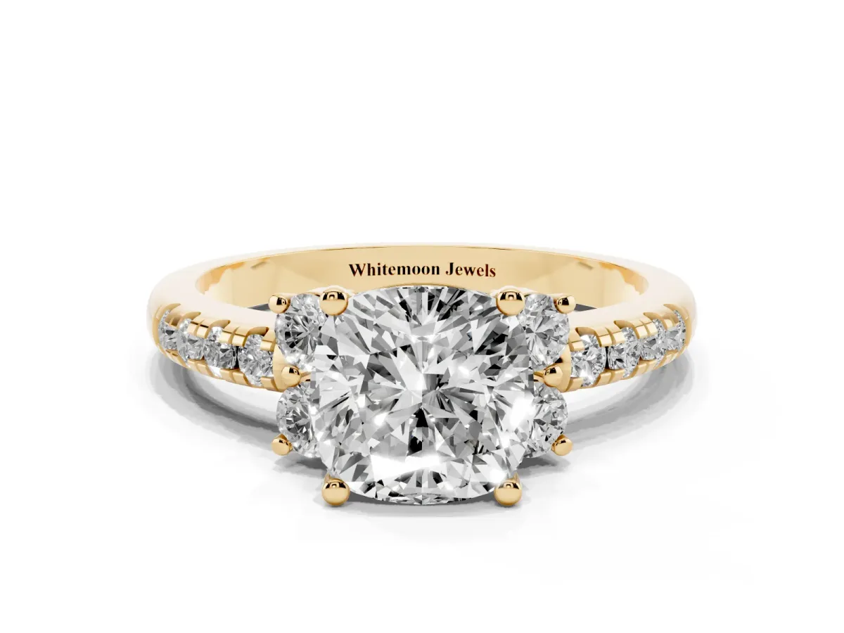Cushion Cut Diamond Three-Stone Pave Band with Four-Prong Setting Yellow gold