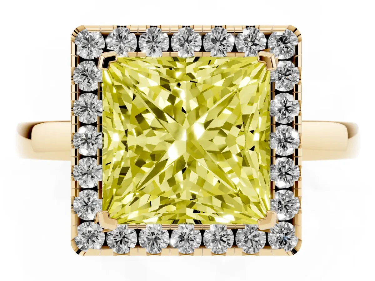 Fancy Yellow Princess Cut Halo Diamond Solitaire with Pavé Band and Four-Prong Setting Yellow gold