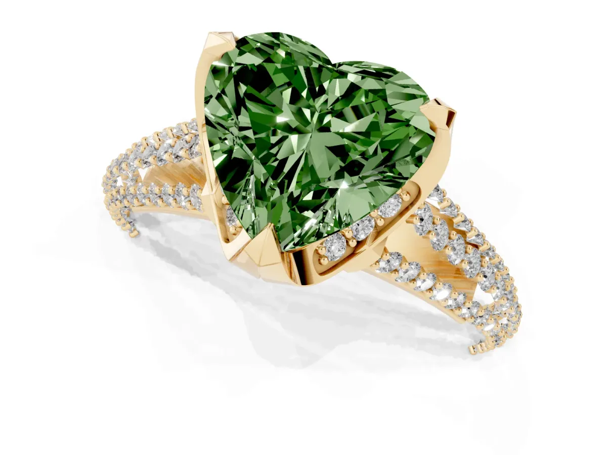 Fancy Green Heart Cut Solitaire Pave Split Shank Ring with Four-Prong Setting Yellow gold