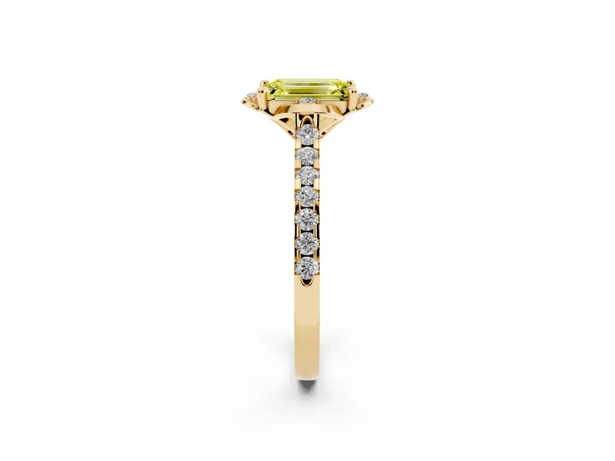 Fancy Yellow Emerald Cut Diamond Ring with Pavé Band and Floral Prong Setting Yellow gold