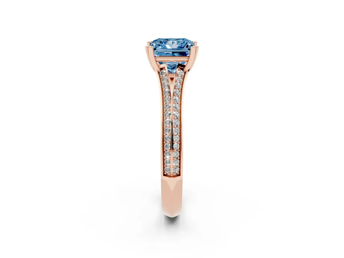 Fancy Blue Princess Cut Diamond Split Shank Engagement Ring with Pavé Band Rose gold