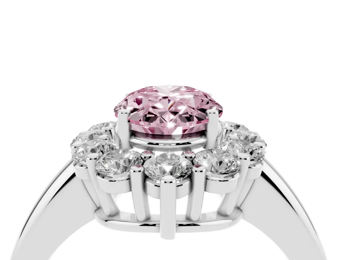 Fancy Pink Oval Cut Halo Cluster Diamond Engagement Ring with Prong Setting and Polished Band Platinum