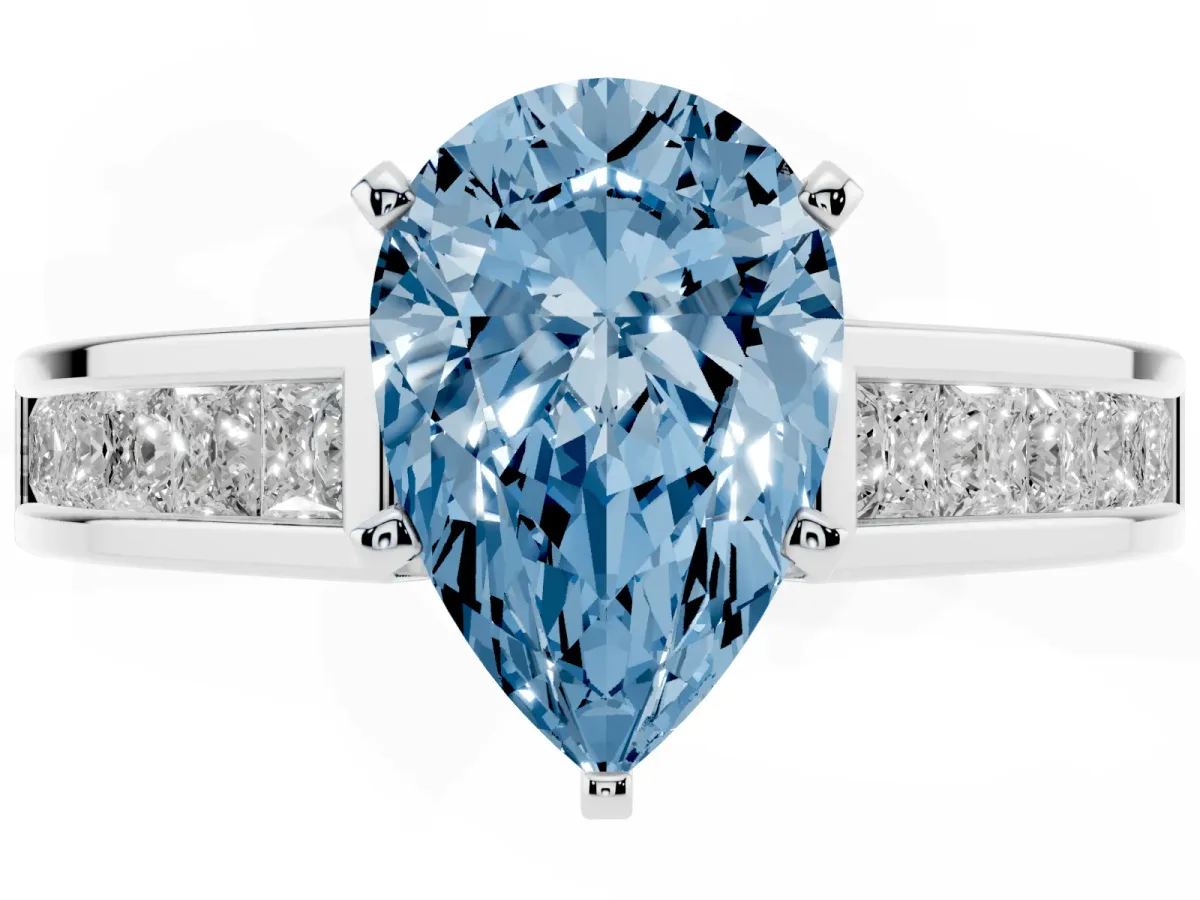 Fancy Blue Pear Cut Solitaire Diamond Ring with Channel-Set Band and Four-Prong Setting Silver