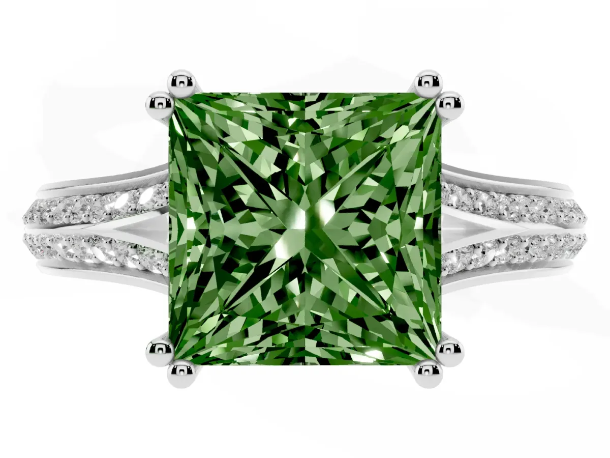 Fancy Green Princess Cut Diamond Split Shank Engagement Ring with Pavé Band Silver