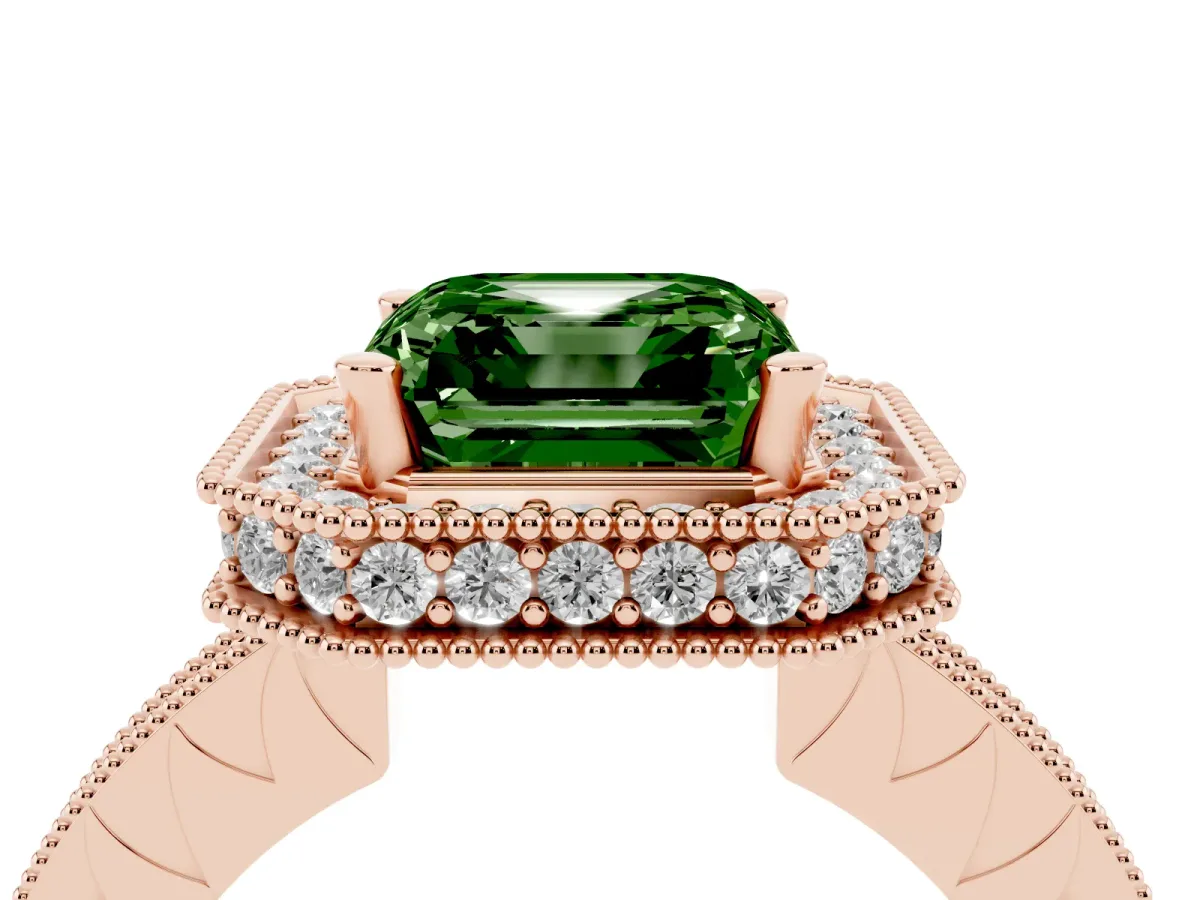 Fancy Green Asscher Cut Diamond Milgrain Halo Engagement Ring with Round Pavé Band and Prong Setting Rose gold