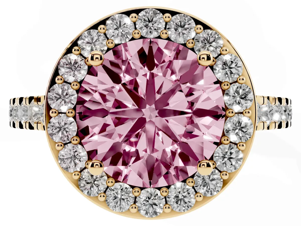 Fancy Pink Round Cut Diamond Halo Ring with Round Pavé Split Shank and Prong Setting Yellow gold