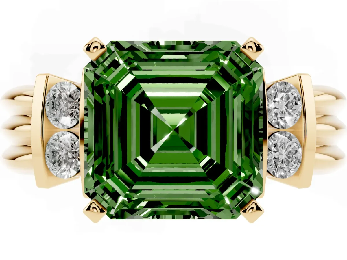 Fancy Green Asscher Cut Cut Three-Stone Channel Set Ring with Bar Prongs Yellow gold