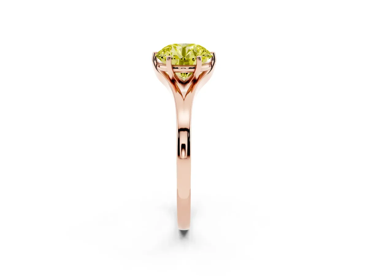 Fancy Yellow Round Cut Solitaire Diamond Ring with Six-Prong Setting and Tapered Band Rose gold