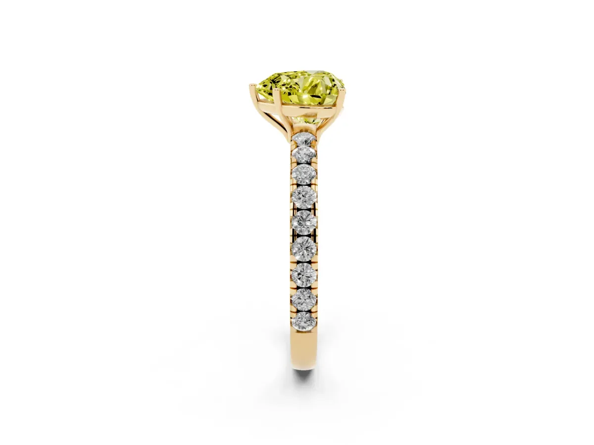 Fancy Yellow Heart Cut Diamond Pavé Solitaire Engagement Ring with Four-Prong Setting Yellow gold