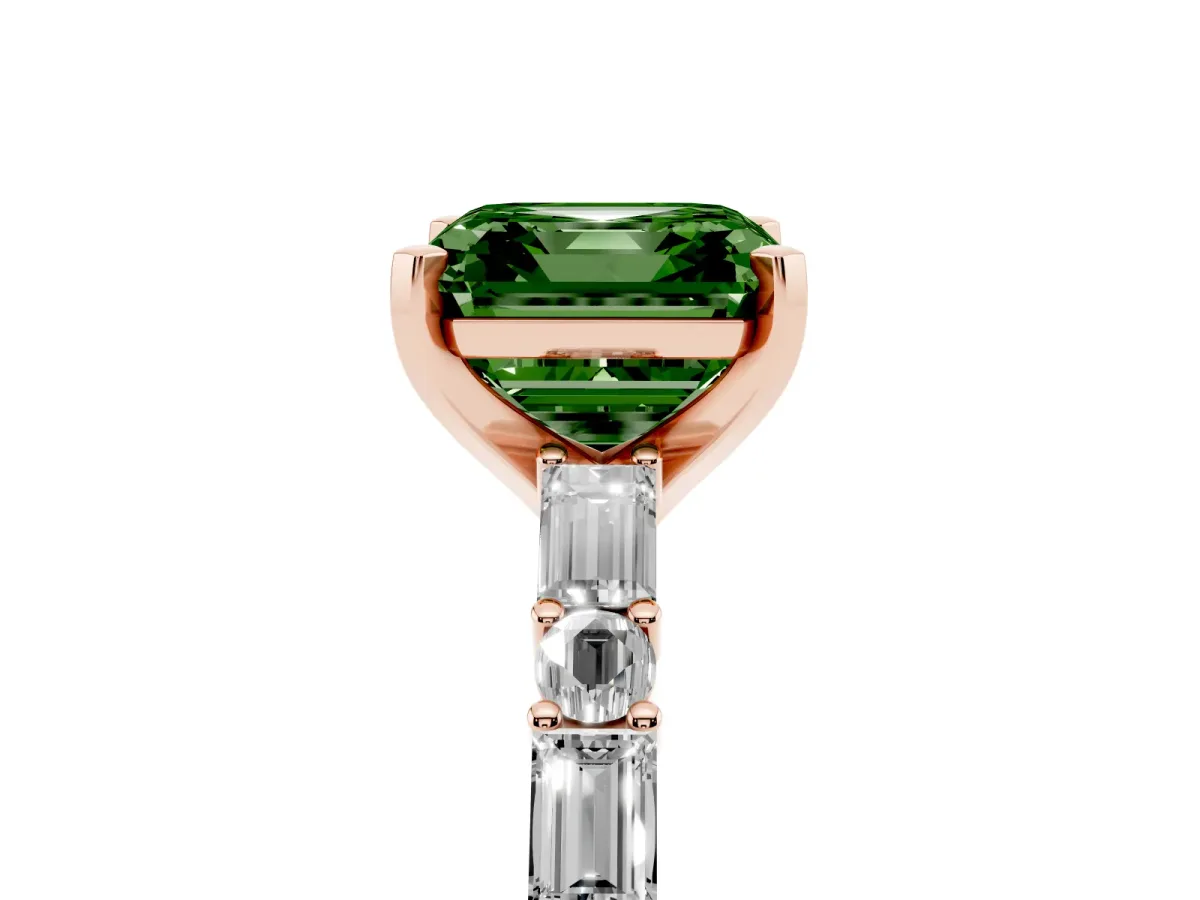 Fancy Green Asscher Cut Diamond Solitaire with Side Baguettes and Channel Set Band Rose gold