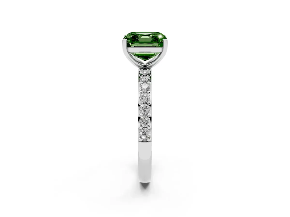 Fancy Green Asscher Cut Cut Diamond Solitaire with Pave Band and Four-Prong Setting Silver