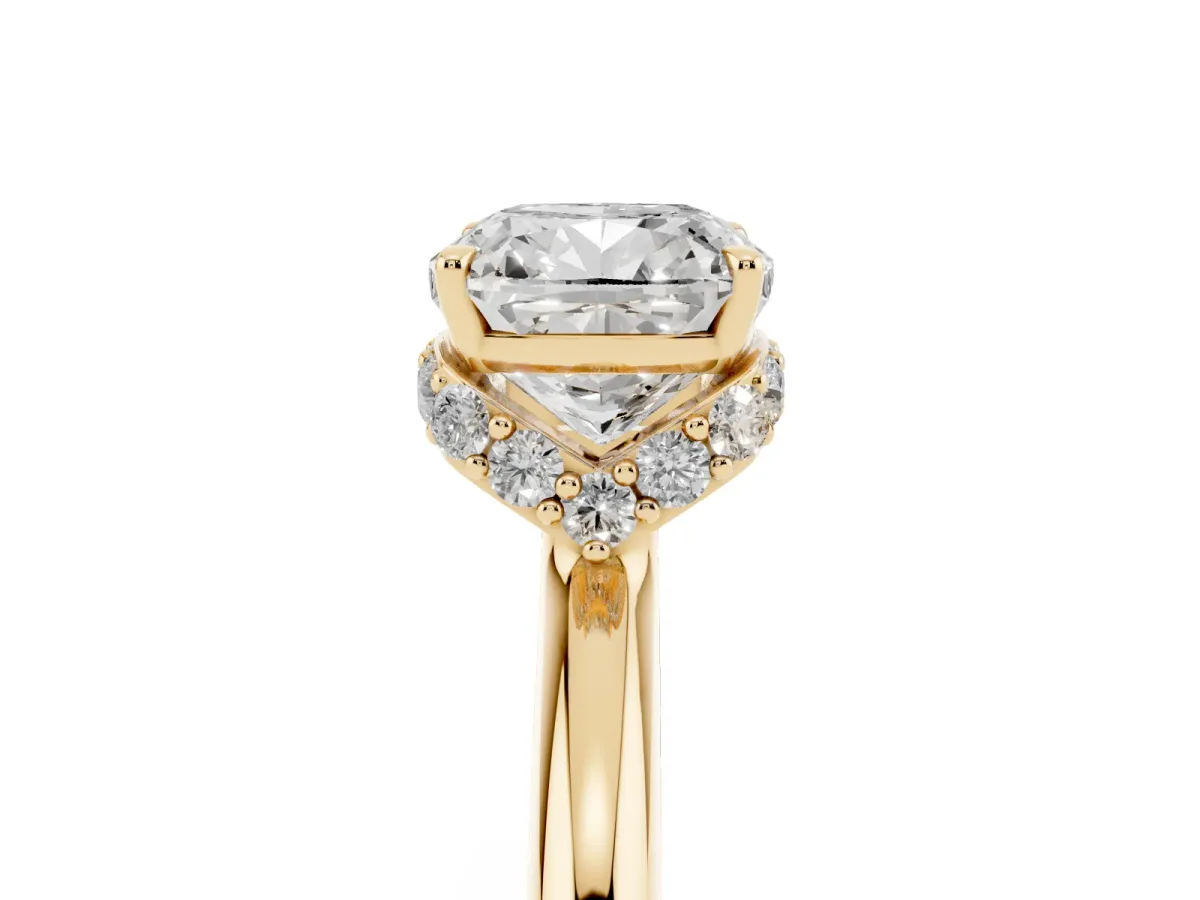 Cushion Cut Brilliant Solitaire Engagement Ring with Six-Prong Setting and Classic Band Yellow gold