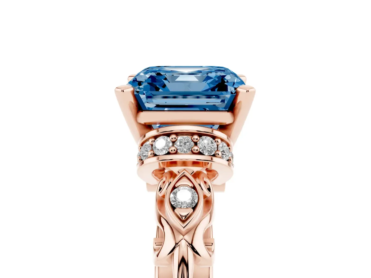 Fancy Blue Asscher Cut Diamond Solitaire Ring with Filigree Band and Four-Prong Setting Rose gold