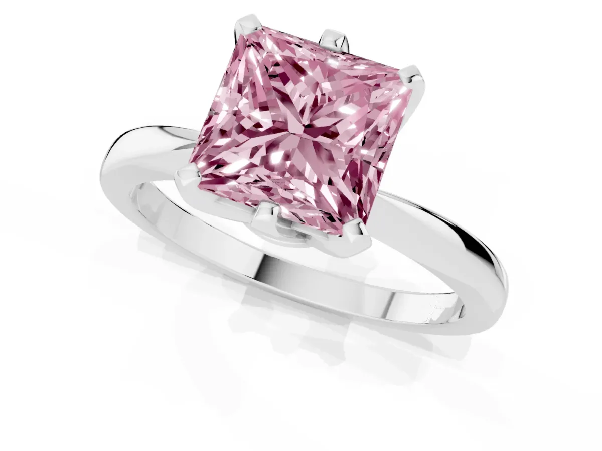 Fancy Pink Princess Cut Solitaire Engagement Ring with Six-Prong Setting and Tapered Band Silver