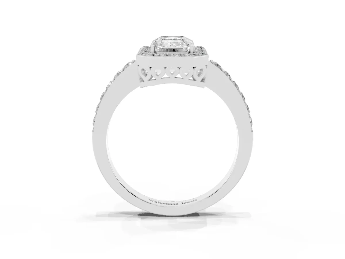 Emerald Cut Halo Diamond Pavé Band Ring with Prong Setting Platinum
