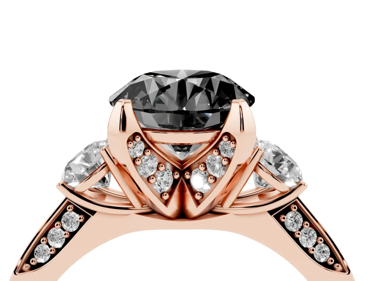 Fancy Black Round Cut Brilliant Three-Stone Diamond Ring with Pavé Band and Four-Prong Setting Rose gold