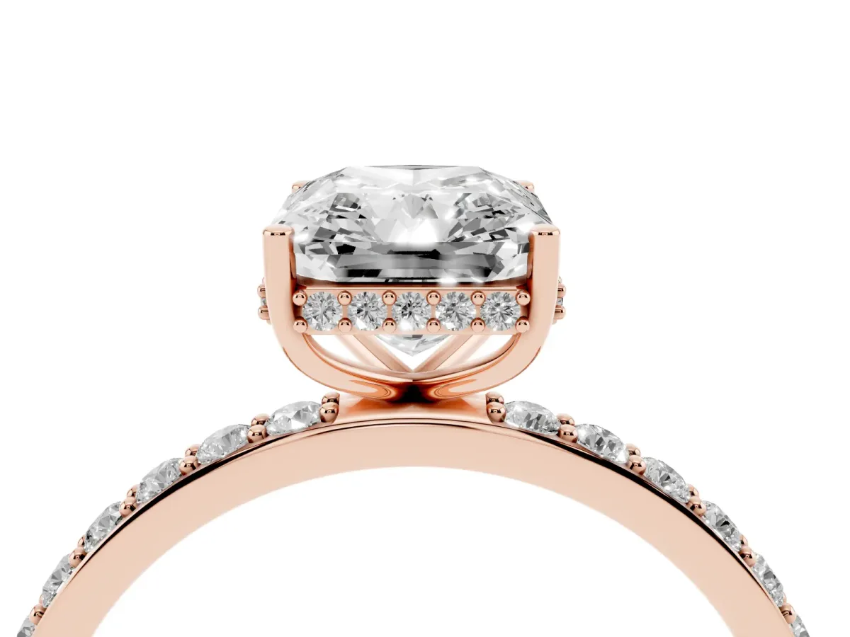 Radiant Cut Diamond Solitaire Ring with Pavé Band and Hidden Halo Rose gold
