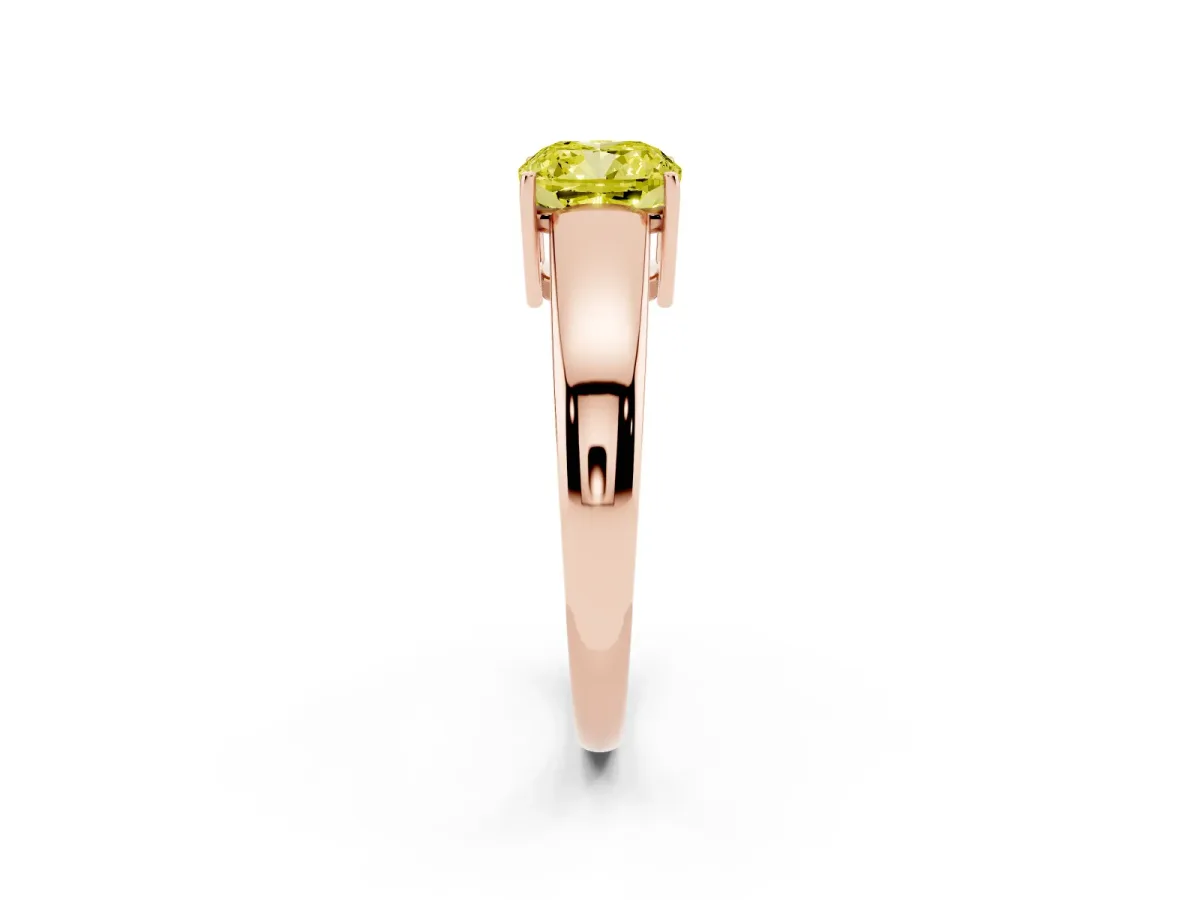 Fancy Yellow Cushion Cut Solitaire Diamond Ring with Tapered Band and Four-Prong Setting Rose gold