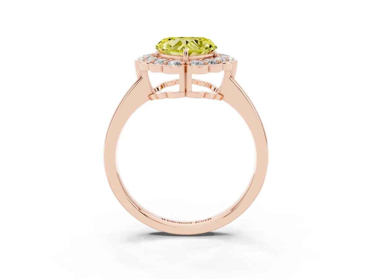 Fancy Yellow Heart Cut Halo Cluster Diamond Engagement Ring with Solitaire Band and Prong Setting Rose gold