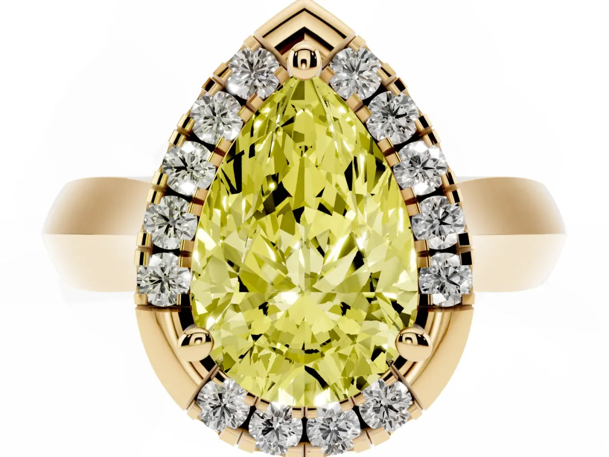 Fancy Yellow Pear Cut Cut Halo Solitaire Engagement Ring with Square Band and Four-Prong Setting Yellow gold