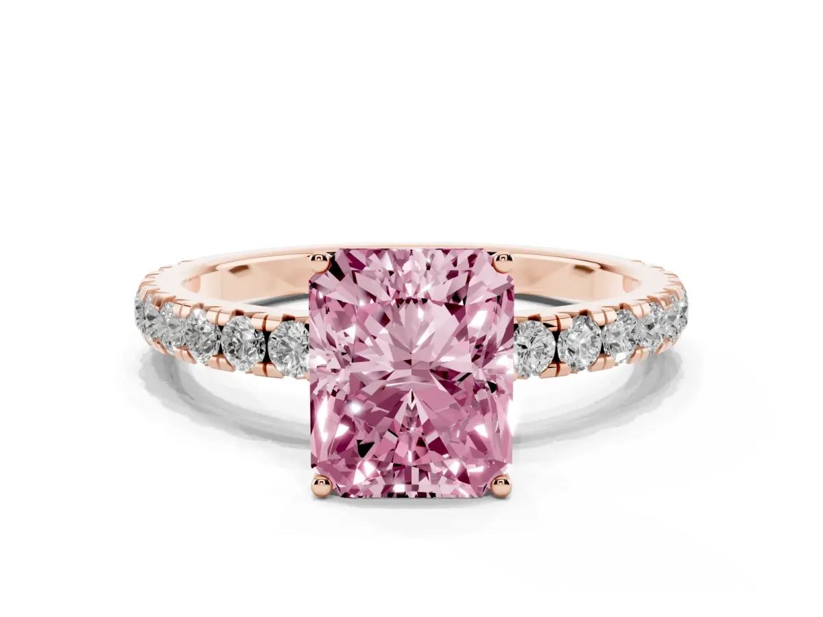 Fancy Pink Radiant Cut Diamond Pavé Solitaire Engagement Ring with Four-Prong Setting Rose gold