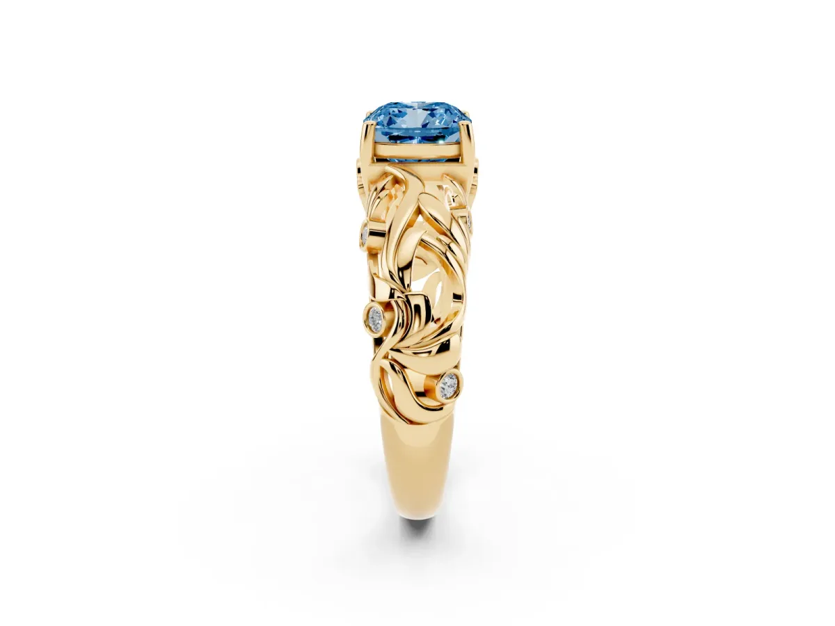 Fancy Blue Cushion Cut Solitaire Diamond Leaf-Inspired Vine Band Ring with Prong Setting Yellow gold